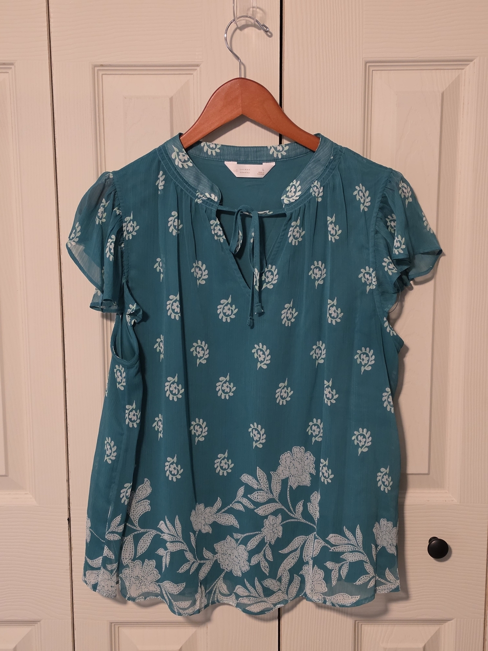 LC Lauren Conrad Teal Floral Tie-Neck Blouse